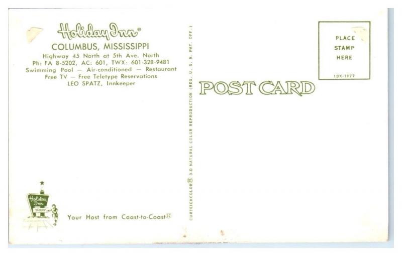 1960s Holiday Inn, Columbus, MS Postcard