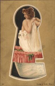 Sexy Woman Nude Through Keyhole Border Verlag A. Sockl Art Deco Postcard