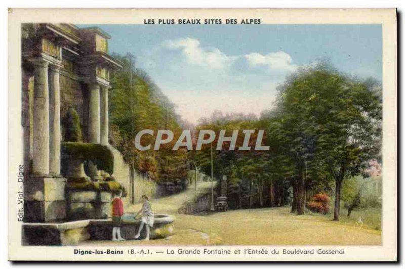 Old Postcard Digne les Bains La Grande Fontaine And I & # 39Entree the boulev...