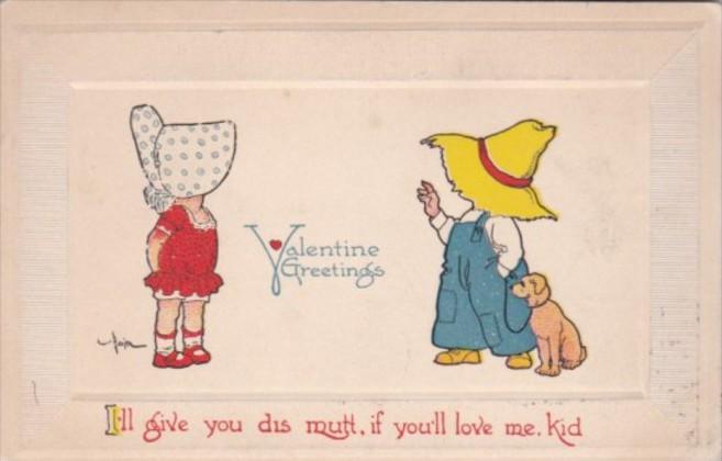 Valentine's Day Young Couple and Dog 1913 Signed Benjen