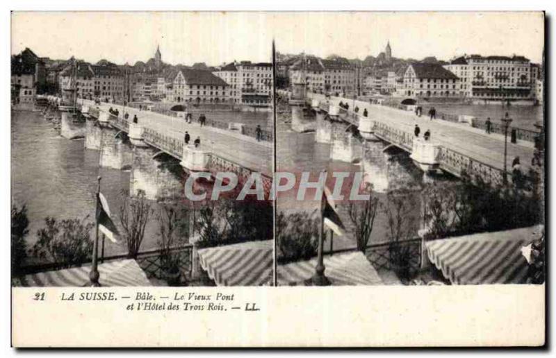 Stereoscopic Card - Switzerland - Basel - The Old Bridge - Hotel des Trois Ro...