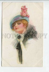 433918 FASHION Charming Lady HAT Roses by USABAL Vintage ERKAL postcard