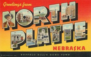 NORTH PLATTE NE Buffalo Bill Nebraska Greetings Large Letter Linen Postcard 1952