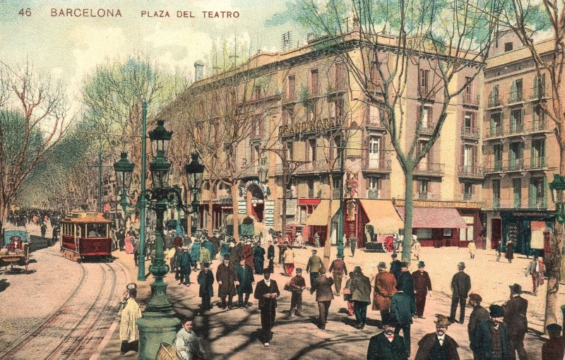 Vintage Postcard Barcelona Plaza Del Teatro Theater Square Barcelona Spain 