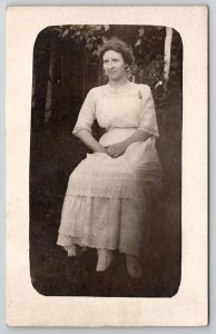 RPPC Pretty Edwardian Lady White Lace Dress And Watch Brooch Photo Postcard U28