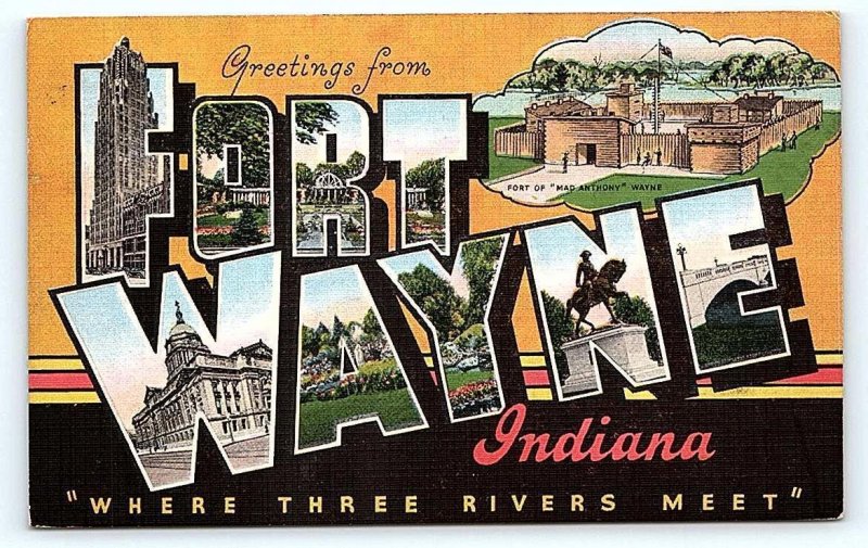 FORT WAYNE, IN Indiana  ~ Large Letter Linen  1952  Kropp Postcard