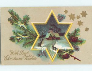 Pre-Linen christmas SNOW-COVERED HOUSE INSIDE STAR ON PINE BRANCH HQ6331