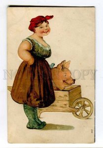 257451 RURAL Woman w/ FAT Pink PIG Vintage EMBOSSED postcard