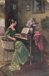 Art early postcard R. Kratky - Am Spinett woman & piccolo cabinet piano