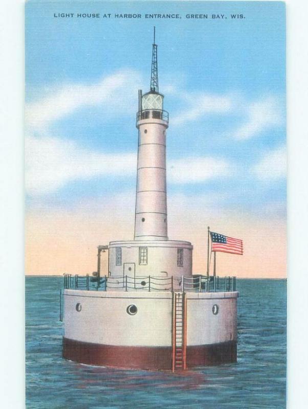 Unused Linen HARBOR ENTRANCE LIGHTHOUSE Green Bay Wisconsin WI E8032