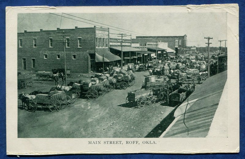 Roff Oklahoma ok Main Street horses carts cotton bales old postcard #2