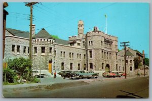 Postcard Kingston Ontartio c1950s The Armouries Street view Old Cars