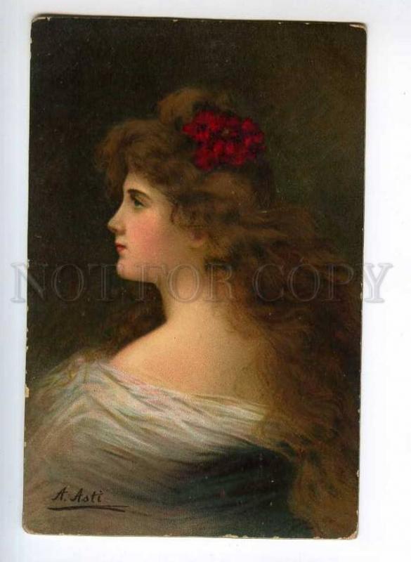 246582 Woman w/ Long Hair RED FLOWER by Angelo ASTI vintage PC