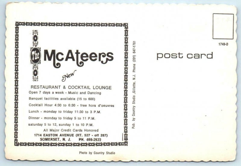 SOMERSET, New Jersey NJ ~ Roadside McATEER'S Restaurant c1970s -  4x6 Postcard