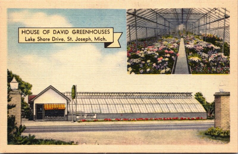 Linen Postcard House of David Greenhouses Lake Shore Drive St. Joseph, Michigan