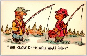 Two Men Went Fishing You Know Down Well What Fish Comic Card Postcard