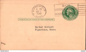 US Postal stationery 1c Minneapolis 1942 Schummers School Service