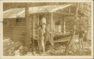 Boys Work Sawing Wood at Log Cabin Camp - Photo Postcard ...