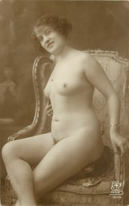 c1910 RPPC French Postcard Smiling Nude Woman on Chair, Paris 1004 Unposted