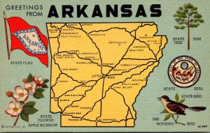 Arkansas Greetings With Map State Flag Flower Bird Tree and State Seal Curteich