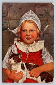 Vintage Dutch Girl with Tabby Cat Postcard 1916 Rotterdam Postmark E. Lonyai