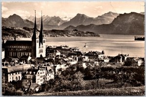 1950's Luzern Castle Mountains Buildings Real Photo RPPC Posted Postcard