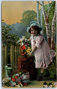 c1910 Cute Little Flower Girl w/ Baskets Litho Photo Gel Postcard Bonnet Vtg A67