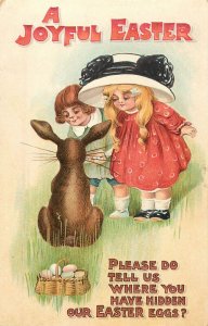 Embossed Easter Postcard Children Ask Rabbit Where Are the Eggs Hidden 2542