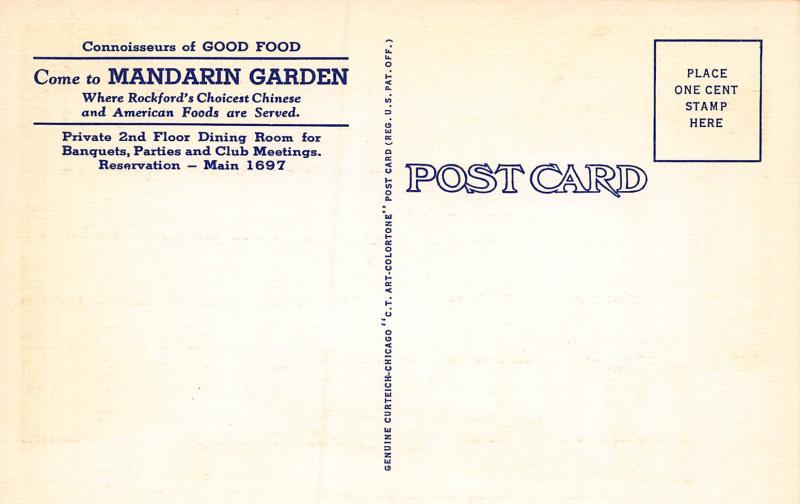 Mandarin Garden Restaurant, Rockford, Illinois, Early Linen Postcard, Unused