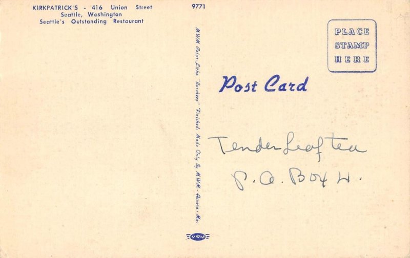KIRKPATRICK'S Seattle, WA Restaurant Interior c1940s Linen Vintage Postcard