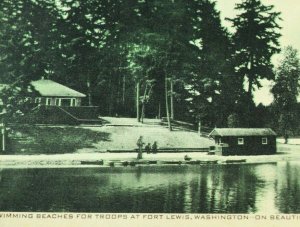 WWI WWII Troops Swimming Beach, For Lewis, Washington Vintage Postcard P72