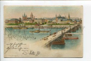 424250 GERMANY Gruss aus MAINZ Hold to LIGHT river ships Vintage litho postcard