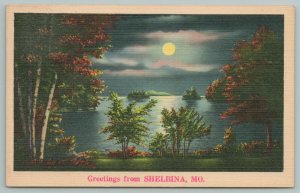 Shelina Missouri~View Of Lake And Trees By Moonlight~Vintage Postcard