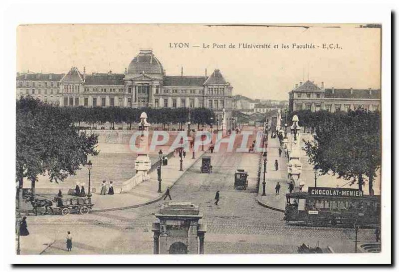 Lyon Old Postcard Bridge of & # 39universite and Faculties (animated tram)