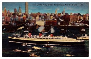 Vintage Queen Mary in New York Harbor, Ship, New York City, NY Postcard