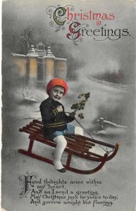 CHRISTMAS GREETINGS Kid & Snow Sled ca 1910s Vintage Holiday Postcard