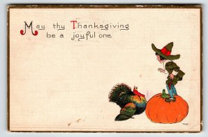 Joyful Thanksgiving Turkey Pilgrim Large Pumpkin Postcard 1913 Bergman Ser 7037