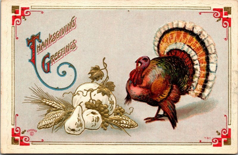 Vtg Thanksgiving Greetings Turkey Arts & Crafts Style Embossed Unused Postcard