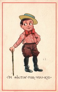 Vintage Postcard 1912 I'm Waitin' For You Kid Cute Little Boy with Hat Artwork