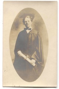 RPPC Postcard Woman Graduation Cap + Gown Holding Diploma