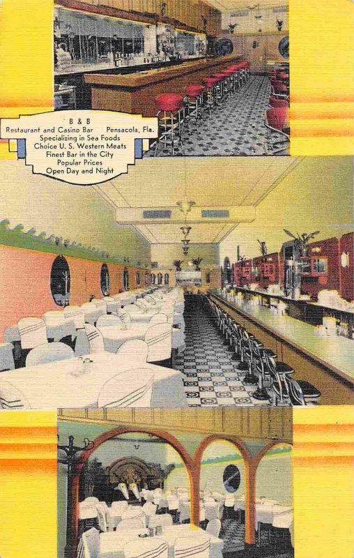 B & B Restaurant Casino Bar Pensacola Florida linen postcard