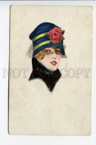 422935 ART DECO Lady Head FASHION hat Vintage postcard