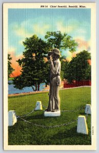 Bemidji Minnesota~Chief Statue~Lake Shore~Chain Fence~Sunset~Linen 1951 PC
