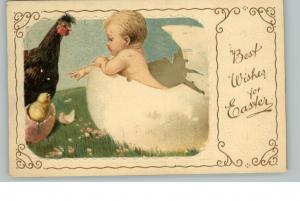 EASTER Baby in Egg & Chickens c1910 Postcard