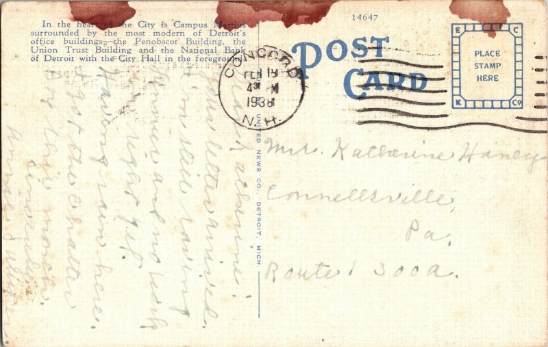 Heart of Detroit Vintage Linen Postcard Concord New Hampshire Cancel WOB PM Vtg 