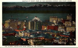 Washington Seattle Business District and Puget Sound At Night Curteich