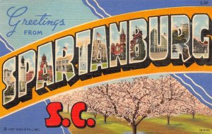 SPARTANBURG South Carolina Large Letter Greetings c1940s Linen Vintage Postcard