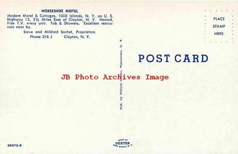 NY, Clayton, New York, Horseshoe Motel, Exterior, Dexter Press No 28272-B