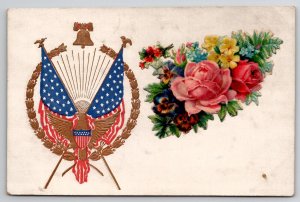 Patriotic American Flags Golden Gilt Eagle Die-cut Floral Applique Postcard Y29