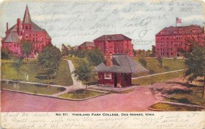 Des Moines Iowa 1909 Postcard Highland Park College